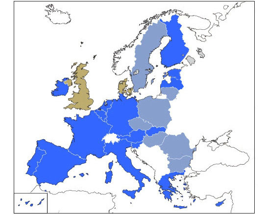 Map with member countries of the euro area
