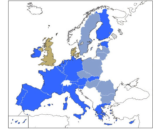 Map with member countries of the euro area