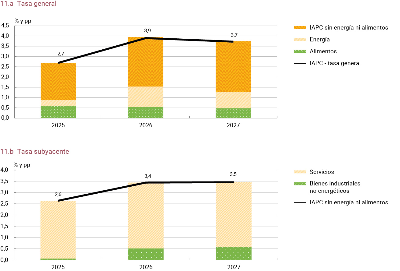 Gráfico 11 Proyecciones de la tasa de inflación y contribuciones de los principales componentes